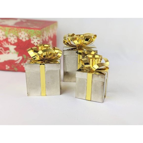 Set of 3 Vtg Silver Gold Taper Candle Holders Gift Boxes Christmas Holiday Decor - Picture 3 of 9